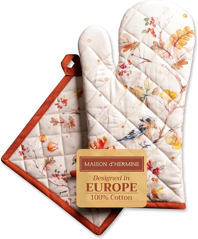 Maison d' Hermine 100% Cotton Oven Mitt & Pot Holder Set (7.5"x13" & 8"x8") Heat Resistant BBQ Cooking Gloves with Loop for Thanksgiving Christmas Decorations Handling Hot Pans (Kelim - Prairie)
