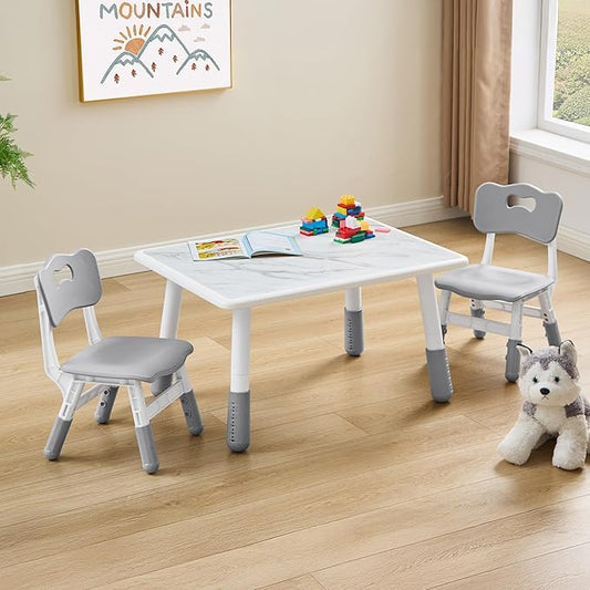 Toddler Table and 2 Chairs Set, Height Adjustable Kids Table and Chairs, 31.5''L x 23.6''W, Marble Pattern & Graffiti Desktop, Children Multi-Activity Table for Home/Daycare/Classroom