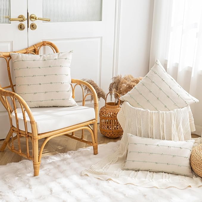 Boho Throw Pillow Covers 20x20 Set of 2 Modern Farmhouse Decorative Cushion Case Tufted Square Pillows Cover Neutral Pillow Cases Accent Pillowcase for Sofa,Couch,Bed,Beige and Green