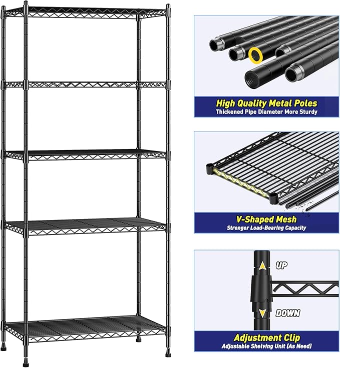 5 Tier Storage Shelves 1010LBS Wire Shelving Unit Adjustable Metal Shelving Pantry Shelves Sturdy Steel Commercial Shelf for Kitchen Pantry Closet Laundry School,13.6" D x 21.5" W x 59.4" H