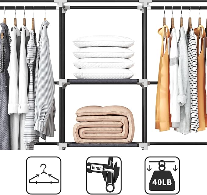 Portable Closet, 51 Inch Wardrobe Closet for Hanging Clothes with 2 Hanging Rods, 8 Storage Organizer Shelves for Bedroom, Durable and Easy to Assemble, Grey