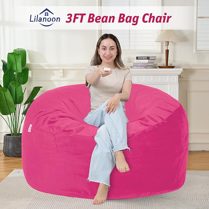 3FT Bean Bag Chair with Ultra Soft Velvet Cover Bean Bag Sofa with Memory Foam Bean Bag Chairs with Large Size Lazy Sofa for Dorm Office Living Room Bedroom Hot Pink 3'