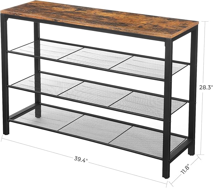 VASAGLE 4 Tier Shoe Rack, Shoe Organizer for Closet, Entryway, 16-20 Pairs of Shoes, Large Shoe Rack Organizer with 3 Metal Mesh Shelves, 11.8 x 39.4 x 28.3 Inches, Rustic Brown and Black ULBS14BX