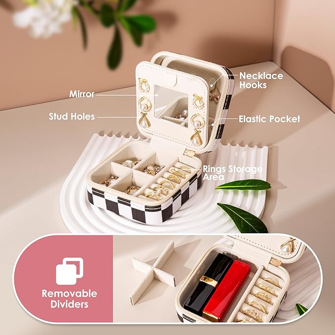 Checkered Travel Jewelry Case, Classic Retro Small Jewelry Box for Women Girl, Trendy Birthday Gradution Gift