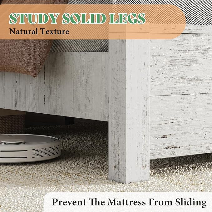 AMERLIFE King Size 51.2" Wood Bed Frame, Rustic Platform Bed with Spliced Headboard, Wood Slats Support/No Box Spring Needed/Noiseless/Antique White