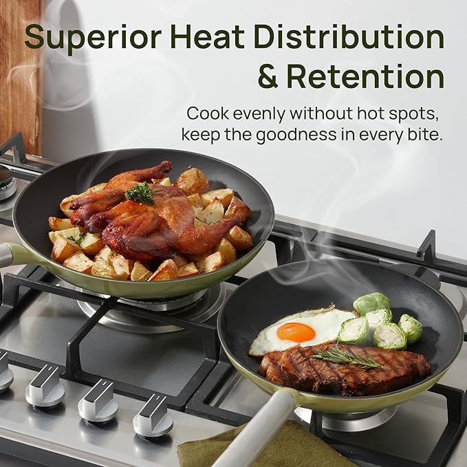 KOKHUB Non Toxic Frying Pan Set 3 Piece, Titanium Enameled Cast Iron Skillets, 8" 9.5" 11" Non Stick PFOA Free Cooking Pans, Dishwasher & Oven Safe Cookware, All Cooktops Compatible, Sage Green