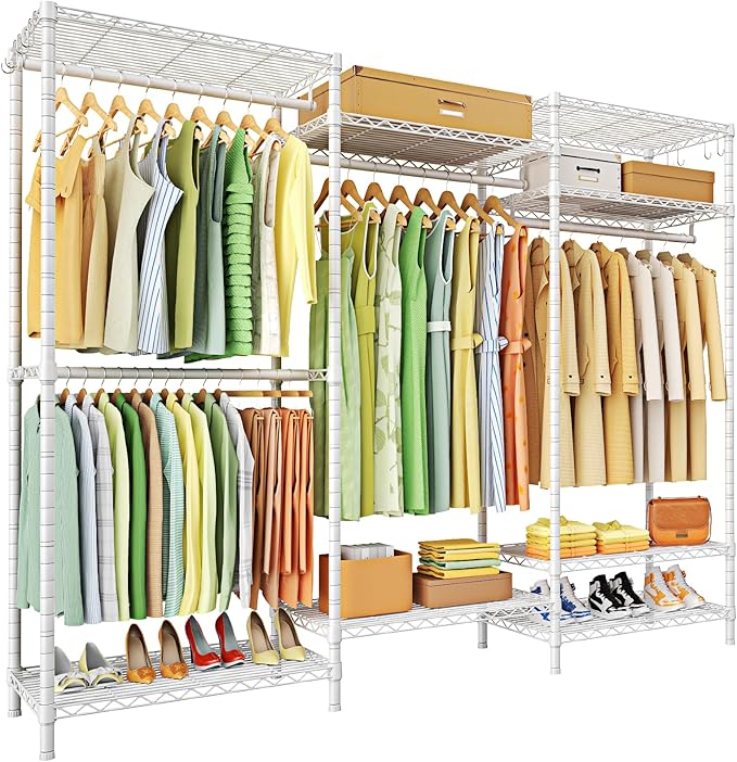 Ulif E13 Heavy Duty Clothes Rack（With 4 Hanger Rods & 8 Shelves） Freestanding Clothing Racks for Hanging Clothes，Adjustable Closet Organizer，Metal Garment Rack 63" W x16 D x77 H，Max Load 900LBS，White