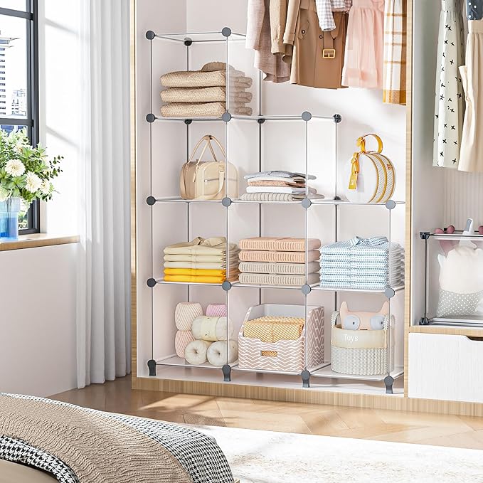 Neprock Closet Organizer, 9 Cube Closet Organizers and Storage,DIY Closet Storage Shelves, Clothes Storage Organizer for Kids, Closet, Bedroom, Bathroom, Office(Transparent White)