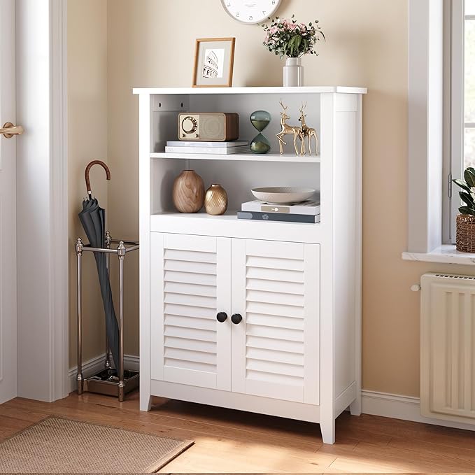 Gizoon Bathroom Floor Cabinet with Widened Top Table, Freestanding Storage Cabinet with Adjustable Shelf, 2 Shutter Doors and Concealed Hinges, for Living Room, Entryway, Kitchen, White