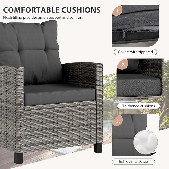 Vongrasig 3 Piece Patio Furniture Set Small Outdoor Wicker Rattan Front Porch Bistro Set Cushioned Patio Chairs Conversation Set with Glass Table for Lawn, Garden, Backyard, Balcony, Poolside (Gray)