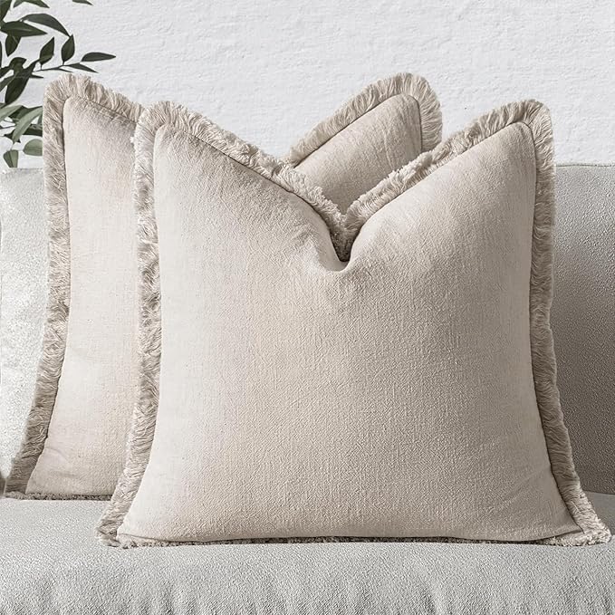 MIULEE Christmas Decorative Throw Pillow Covers Neutral Linen Fringe Throw Pillows Euro Shams Set of 2 Natural Beige Boho Farmhouse Cushion Covers for Couch Sofa Bed Living Room Home Decor 28x28 Inch