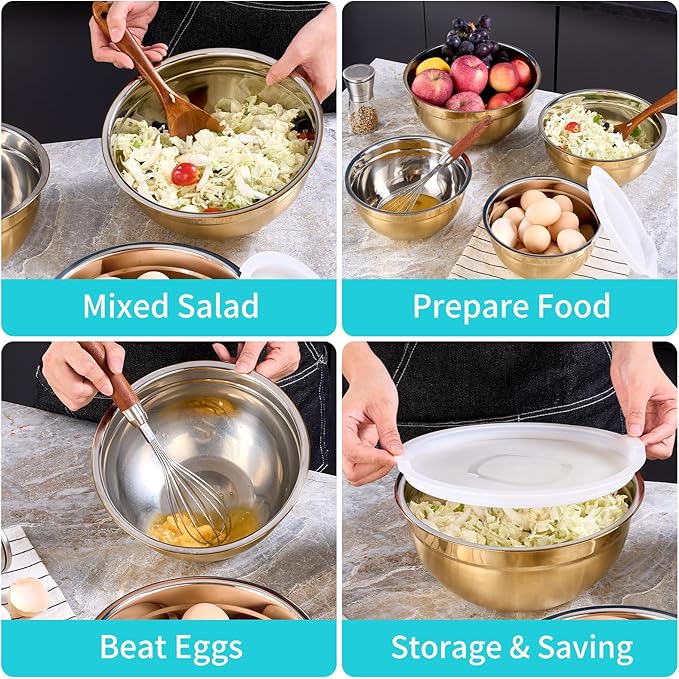 4 Piece Gold Mixing Bowls With Lids for Kitchen, Stainless Steel Set Ideal for Baking, Prepping, Cooking and Serving Food, Nesting Metal Bowls for Space Saving Storage