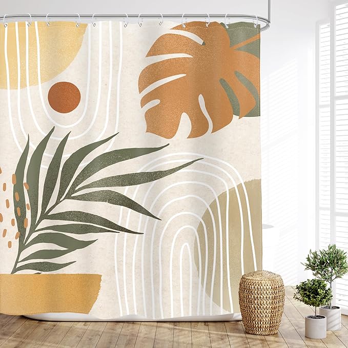 Glawry Beige Green Boho Shower Curtain Mid Century Abstract Plant Tropical Palm Leaf Modern Minimalist Arch Geometric Bathroom 60Wx72L Inches Bath Accessories Art Home Decor Fabric 12 Pack Hooks