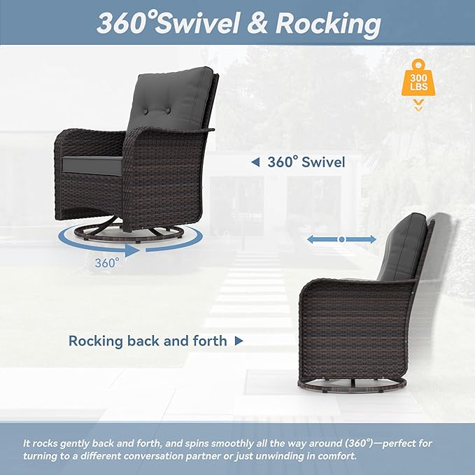 Kurapika 5 Pieces Patio Furniture Set, Rattan Wicker Outdoor Conversation Sets, 4 Woven Rattan Swivel Chairs w/48in Propane Fire Pit Table and Thickened Cushions, Grey