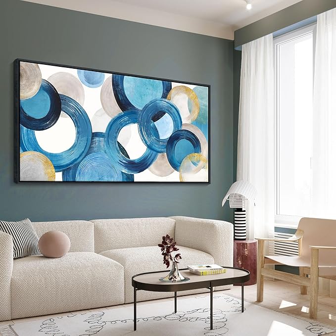 HKDGOKA Large Wall Art Living Room - Framed Abstract Canvas Wall Art Bedroom Teal Blue Circle Fantasy Painting Artwork Pictures Ready to Hang for Kitchen Bathroom Office Home Decor 29x58 In