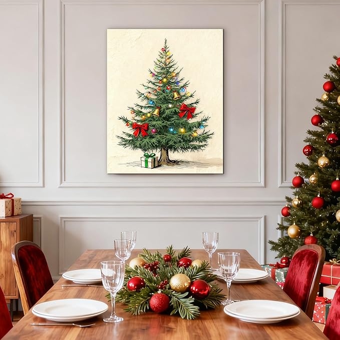 Framed Christmas Pictures Wall Decor,Vintage Pine Tree Prints,Winter Christmas Canvas Wall Art Decoration for Bedroom Bathroom Living Room Rustic Xmas Holiday Gifts (Christmas Tree 9, 11'' X 14'')