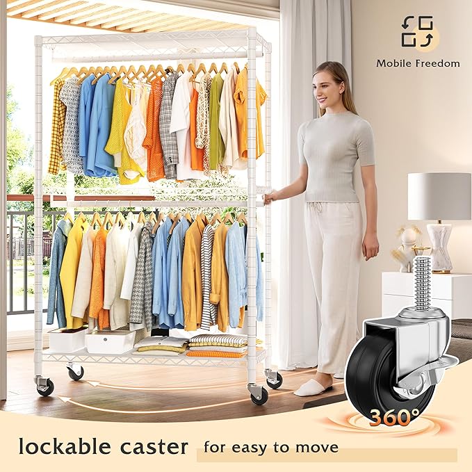 Raybee Rolling Garment Rack with Wheels Portable Clothes Rack for Hanging Clothes,Adjustable,2 Shelves,79" H X35.5 W X15.7 D, White