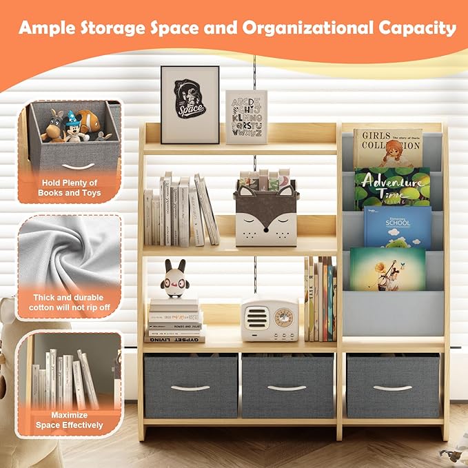 Kids Bookshelf Wood Toy Storage Organizer Cabinet Children Bookcase Toddler Baby Sling Book Rack 3 Cube Bins Sail Boat Arc Shape for Playroom Bedroom Nursery Classroom