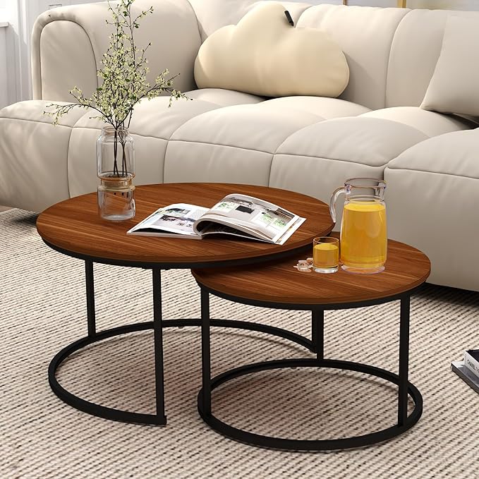 Nesting Tables Set of 2, 31.5" Round Coffee Table, Small Nesting Coffee Table with Adjustable Non-Slip Fee, Wood Grain Top Nesting Tables for Living Room, Bedroom (Wood Grain Brown)