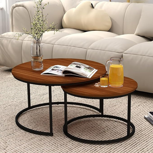 Nesting Tables Set of 2, 31.5" Round Coffee Table, Small Nesting Coffee Table with Adjustable Non-Slip Fee, Wood Grain Top Nesting Tables for Living Room, Bedroom (Wood Grain Brown)
