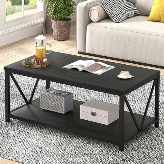 EXCEFUR Small Coffee Table, Modern Living Room Tables with Storage Shelf, Rustic Wood Rectangle Center Table, 2 Tier Wooden Low Cocktail Tea Table for Small Spaces, 39.3 Inch Black Oak