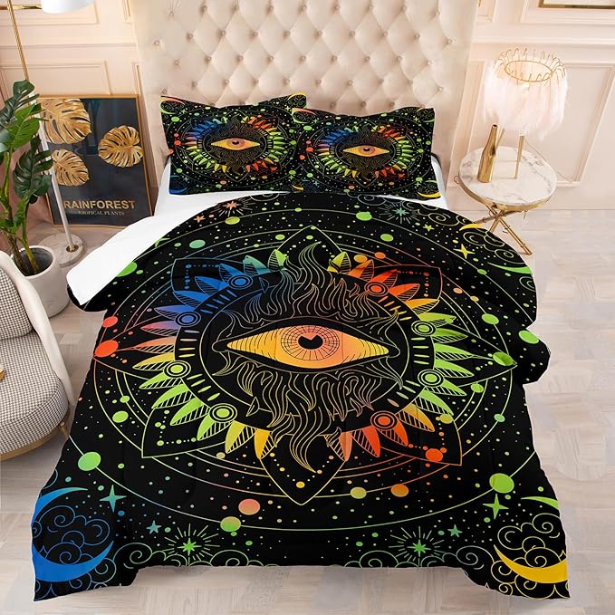 Tailor Shop Sun and Moon Bedding Set for Boys Girls Kids Teens,Celestial Bedding Set Twin Size,Gothic Comforter Set Witchy Comforter Boho Exotic Black Bed with 1 Pillowcases