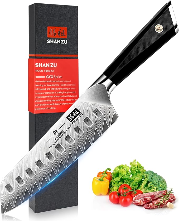 SHAN ZU Damascus Chef Knife Santoku Knife 7 Inch Professional Multifunction Kitchen Knives, 67 Layers Damascus Stainless Steel 10Cr15CoMoV Super Sharp Cooking Knife with G10 Handle/Gift Box