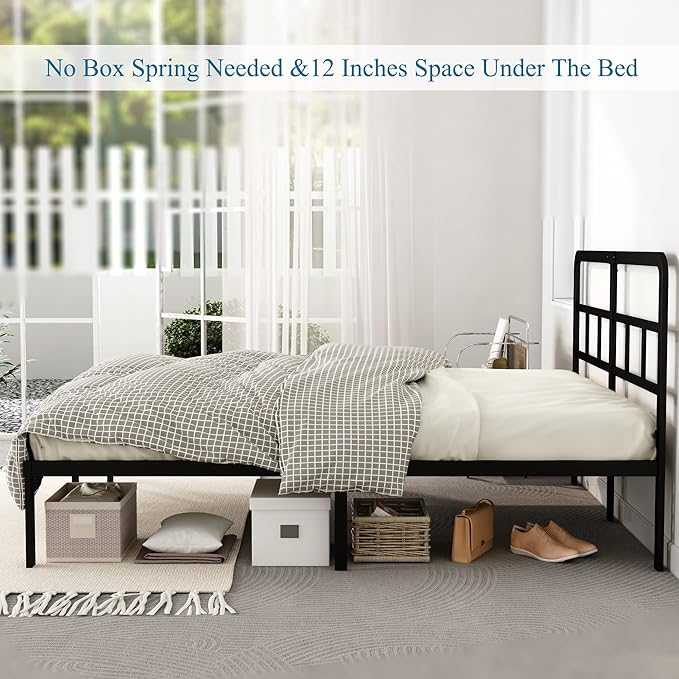 14 Inch Full Size Bed Frame with Headboard No Box Spring Needed, Heavy Duty Metal Platform with Steel Slat, Mattress Foundation, Easy Assembly, Noise Free, Black
