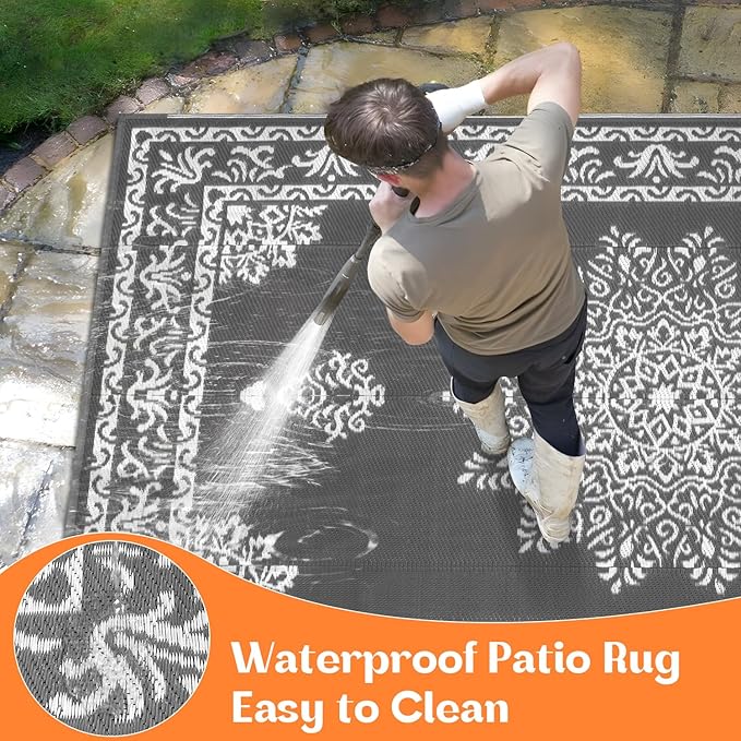 Yamaziot Outdoor Rug 9x12 Ft, Waterproof Plastic Straw Patio Rug, Reversible Backyard Carpet UV Resistant Portable RV Mat Clearance, Large Indoor Outdoor Rug for Patio, Porch, Deck, Balcony, Dark Gray