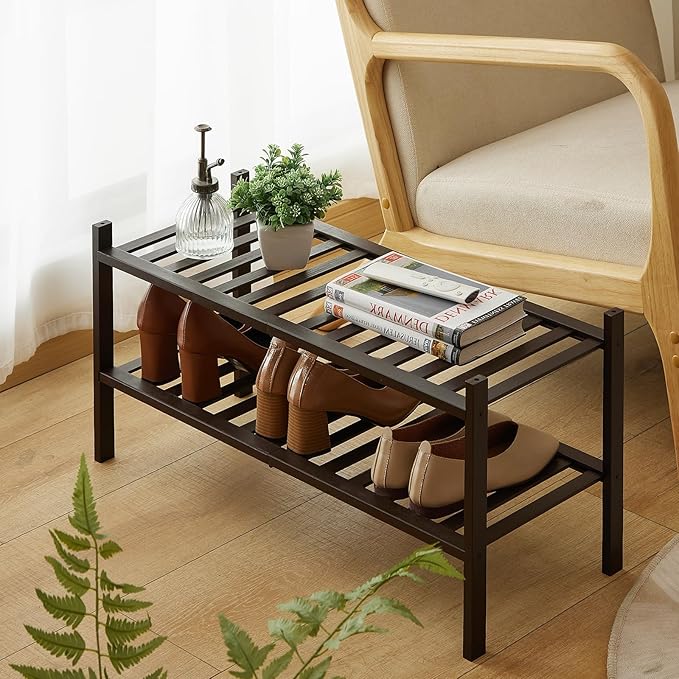 2-Tier Bamboo Shoe Rack for Entryway, Stackable | Heavy Duty | Multi-Function, Free Standing Shoe Racks for Bedroom Hallway Closet
