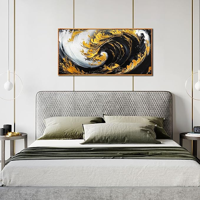 SIXTTART Abstract Black and White Wall Art for Living Room - Gold Modern Wall Art for Office - Framed Canvas Wall Art for Bedroom Size 20" x 40"