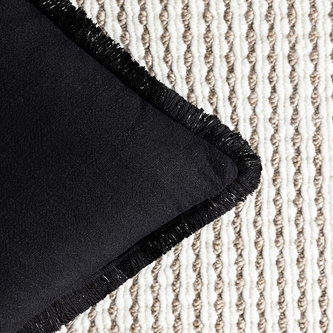 Foindtower Set of 2 Decorative Linen Fringe Throw Pillow Covers Cozy Boho Farmhouse Cushion Cover with Tassels Soft Accent Pillowcase for Couch Sofa Bed Living Room Home Decor, 16×16 Inch, Black