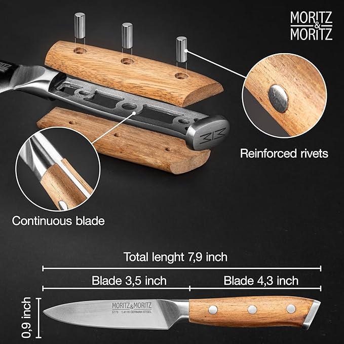 Moritz & Moritz 4-Inch Paring Knife, German Stainless Steel Blade with Acacia Wood Handle, Precision Fruit and Vegetable Knife, Small Kitchen Knife for Cutting, Peeling, Chopping