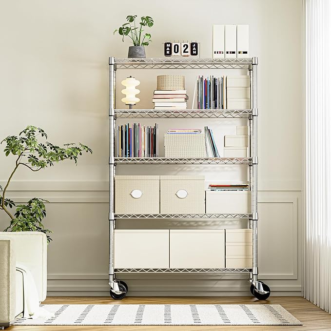IZEUK 5-Tier Storage Shelving Unit with Wheels, Adjustable Heavy Duty Steel Wire Rack Organizer (Chrome, 17.7" D x 47.2" W x 76.7" H, 1750 lbs Capacity) for Garage, Kitchen, Pantry, Laundry, Basement