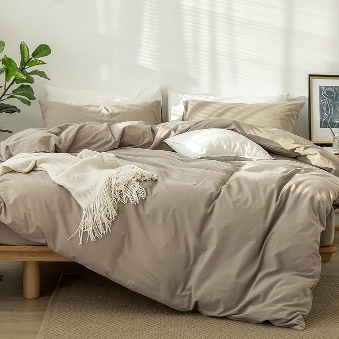 MooMee Bedding Duvet Cover Set 100% Washed Cotton Linen Like Textured Breathable Durable Soft Comfy (Solid Light Camel, King 104"x90")
