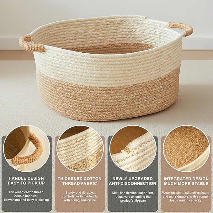 Small Woven Laundry Basket, Cotton Rope Storage Basket for Bedroom, Nursery & Bathroom – Toy Storage Organizer (Small(21.65" L x 12.6" W x 8.46" H))