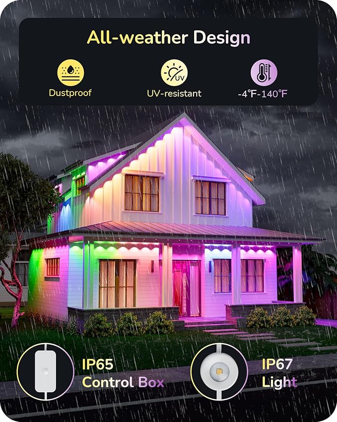 EDISHINE 60ft Permanent Outdoor Eave Lights for House, 40 Individually Controlled LED Christmas Light, IP67 Smart RGB+IC+Warm/Cool White Holiday Light, 50 Scene Modes, Work with Alexa Google Assistant