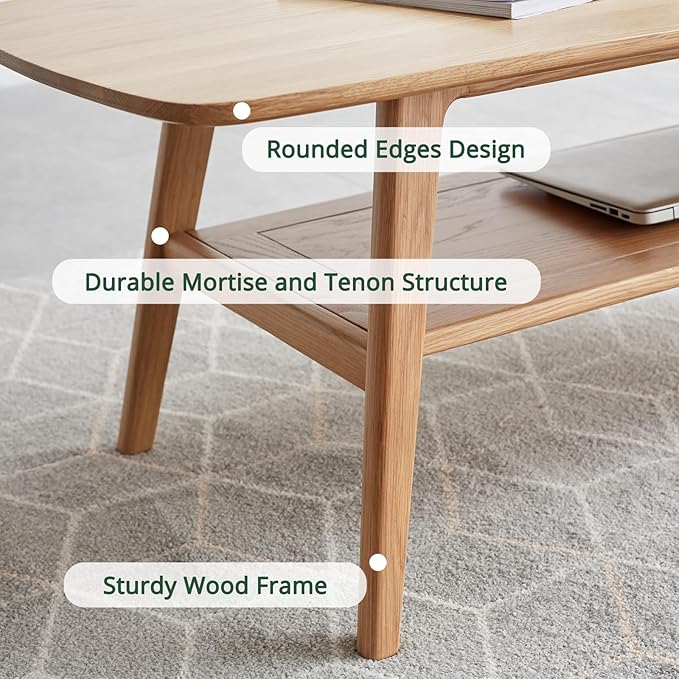 Wood Coffee Table - 100% Solid Oak Wood - Double Storage Coffee Table, Eco-Friendly Finish Center Table - Easy Assembly (Natural, 31.49" D x 19.68" W x 17.32" H)