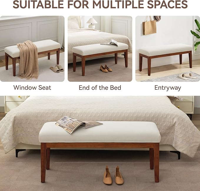 43.5'' Linen Bedroom Bench, Upholstered End of Bed Bench, Padded Vintage Dining Bench, Entryway Bench with Solid Wood Legs, Kitchen, Living Room, Hallway, White