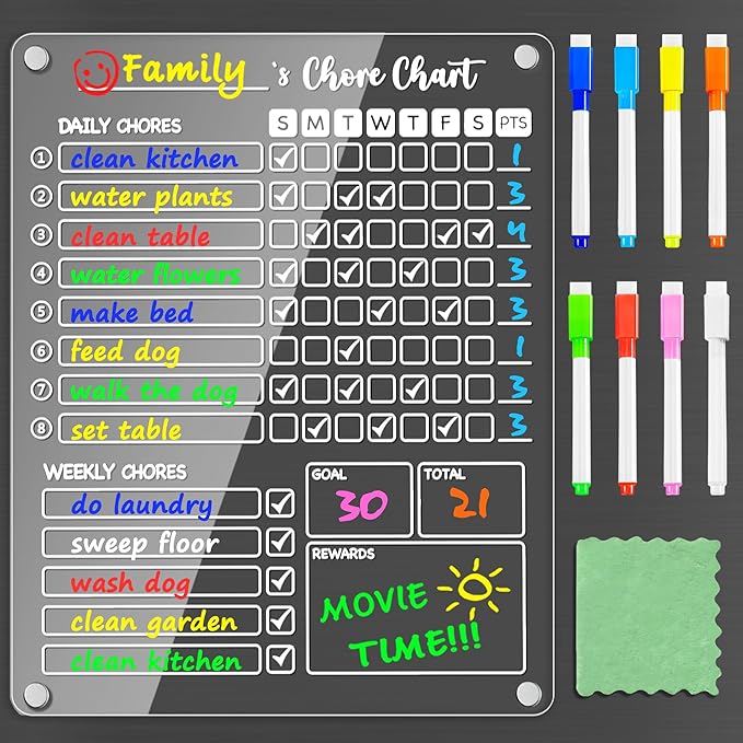 PigPotParty Acrylic Magnetic Chore Chart for Kids on Fridge – 9.5"x12" Daily & Weekly Dry Erase Chore Board with 8 Fine Tip Markers and 1 Towel – Responsibility Chart with Reward Point System