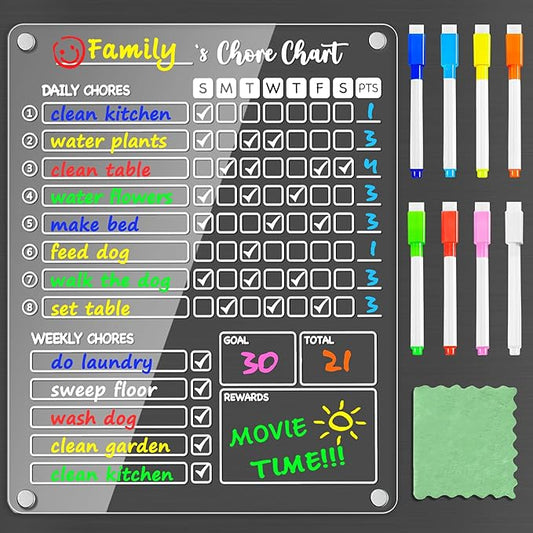 PigPotParty Acrylic Magnetic Chore Chart for Kids on Fridge – 9.5"x12" Daily & Weekly Dry Erase Chore Board with 8 Fine Tip Markers and 1 Towel – Responsibility Chart with Reward Point System