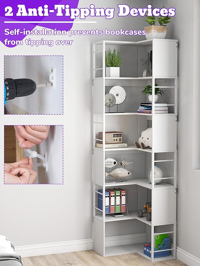 7 Tier Corner Bookshelf 74 Inches Tall Corner Bookcase Industrial L Shaped Book Shelf with Metal Frame Display Rack Storage Organize for Home Office,Living Room,Bed Room (White)