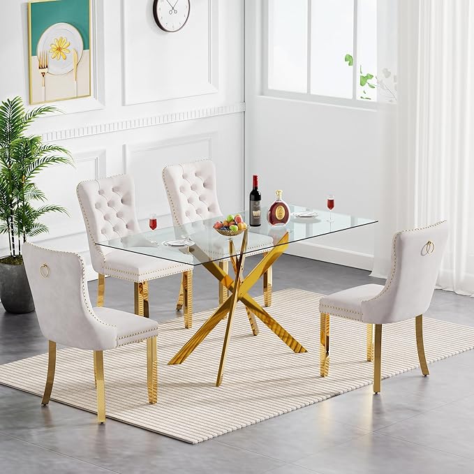 Goujxcy Glass Dining Table Set for 4, Modern Kitchen Table and Chairs Set of 4, 5-Piece Kitchen Dining Room Table Set w/61 Glass Gold Dining Table and 4 Beige Velvet Upholstered Chairs