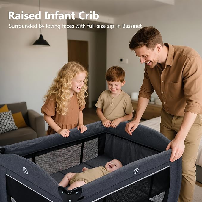 Kinder King 4 in 1 Foldable Pack n Play with Bassinet & Changing Table, Portable Nursery Center for Babies and Toddlers, Convertible Newborn Crib Baby Bed with Toys & Canopy, Storage Bag, Dark Gray