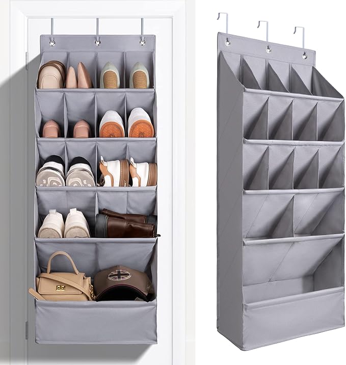 FENTEC 1 Pack Over-the-Door-Shoe-Organizers, Hanging Shoe Organizers with Large Pocket Shoe Holder Hanging Shoe Rack for Closet Shoe Organizer for Wall, Over Door Organizer with 15 Pockets Gray