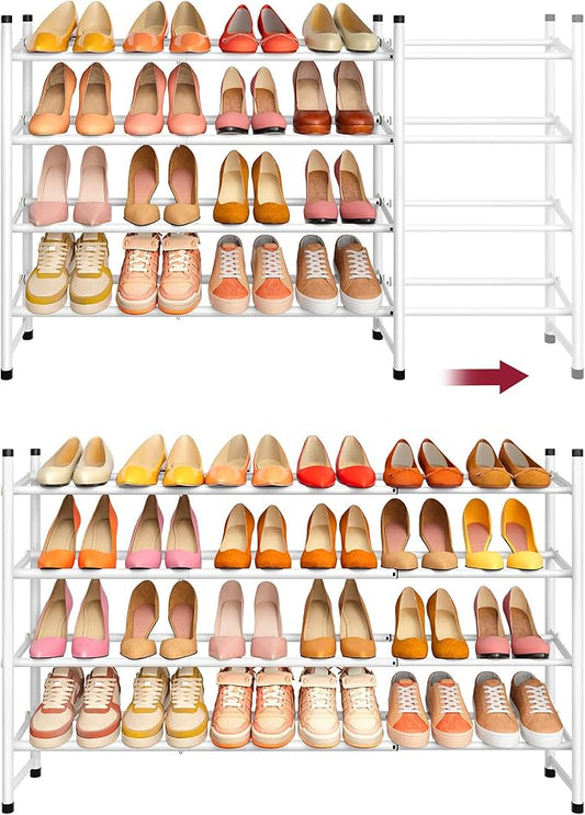 Tajsoon Expandable Shoe Rack for Closet 4 Tier, 29“-41“Adjustable & Stackable Shoe Shelf Storage, Metal Shoe Rack Organizer for Front Door Entrance, Closet, Garage, Entryway, White