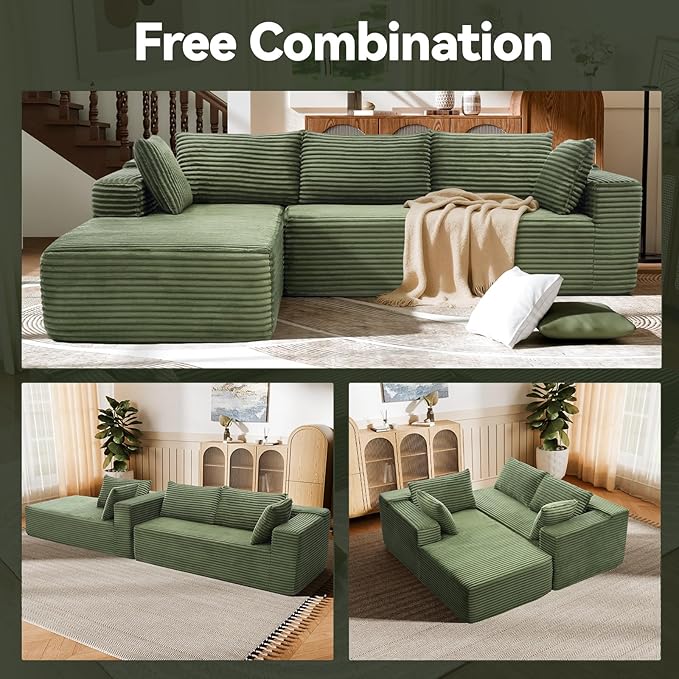 Modern Cloud Modular Sectional Sofa with Chaise, 106" L-Shaped Sofa Couch for Living Room, Deep Seat Plush Boneless Couches, Includes Pillows, Right Chaise, Green