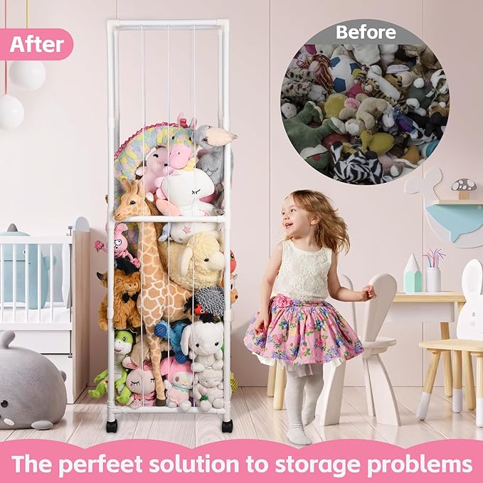 Stuffed Animal Storage Zoo with Wheels, Large Plush Toy Organizer for Kids - Extra Wide PVC Stuffed Animal Holder with Elastic Cords & Mesh Net, Nursery Playroom Toy Cage for Boys Girls Toddlers