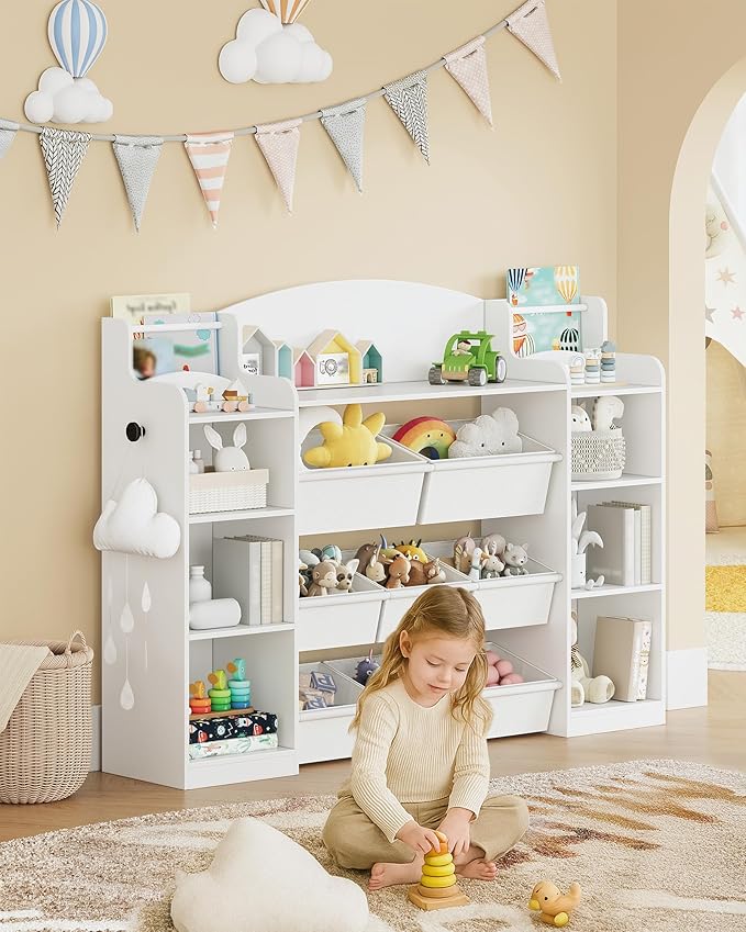 Toy Storage Organizer, Toy Shelf with 8 Storage Bins, Playroom Storage, Kids Bookshelf, 4-Tier Toddler Bookshelf for Children's Room, Bedroom, Living Room, Study Room, Nursery White KB43003W
