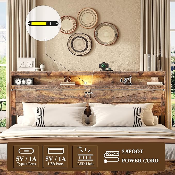 Farmhouse King Size Bed Frame with Headboard Storage Shelf, Wood Platform Bed Frame with LED Lights & Charging Station, Rustic Brown Metal Bed, No Box Spring Needed, Noise-Free Sturdy Structure